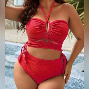 Plus Size Red Crisscross Halter Tie Side Bikini Set